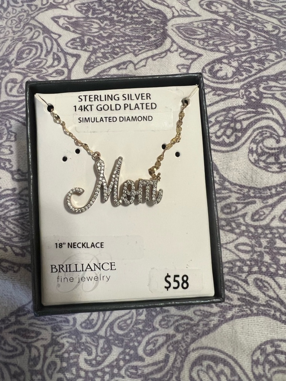 'Mom' Necklace - 14KT Gold Plated Sterling Silver with Simulated Diamonds - Gold